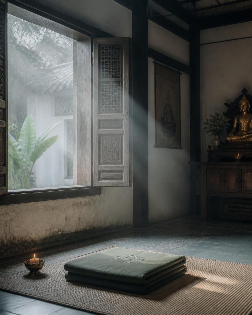 A peaceful Buddhist meditation cushion beside a candle in soft morning light